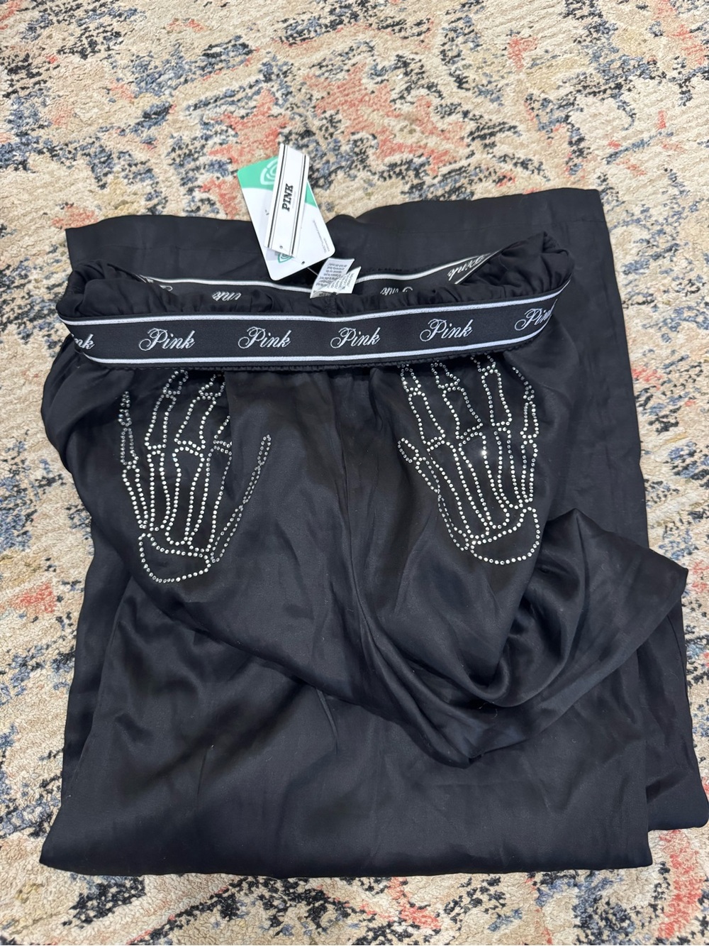 Victoria's Secret PINK Pajama Pants Small Black Skeleton Hands Rhinestone Bling